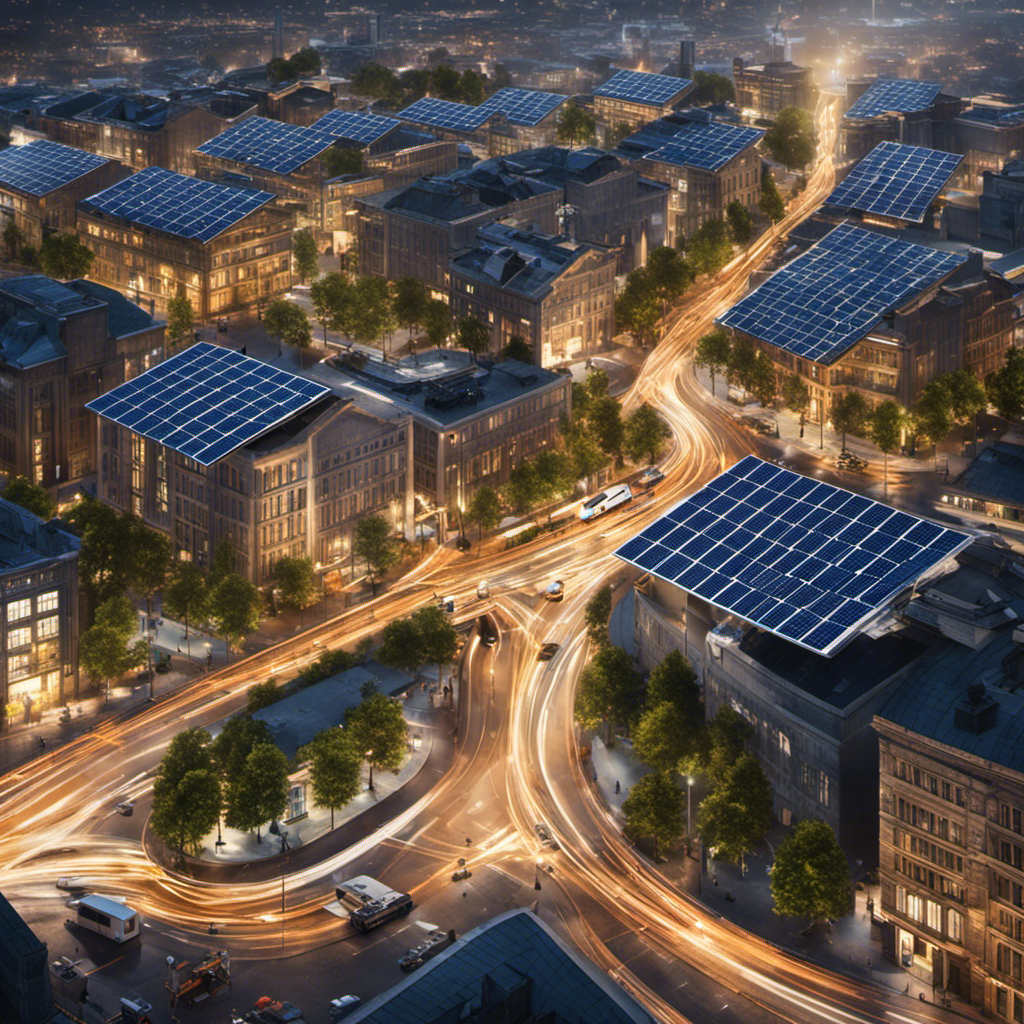 An image showcasing a bustling cityscape with solar panels adorning rooftops, wind turbines gracefully spinning in the distance, and electric vehicles seamlessly gliding through the streets, portraying the government's commitment to energy efficiency and renewable energy