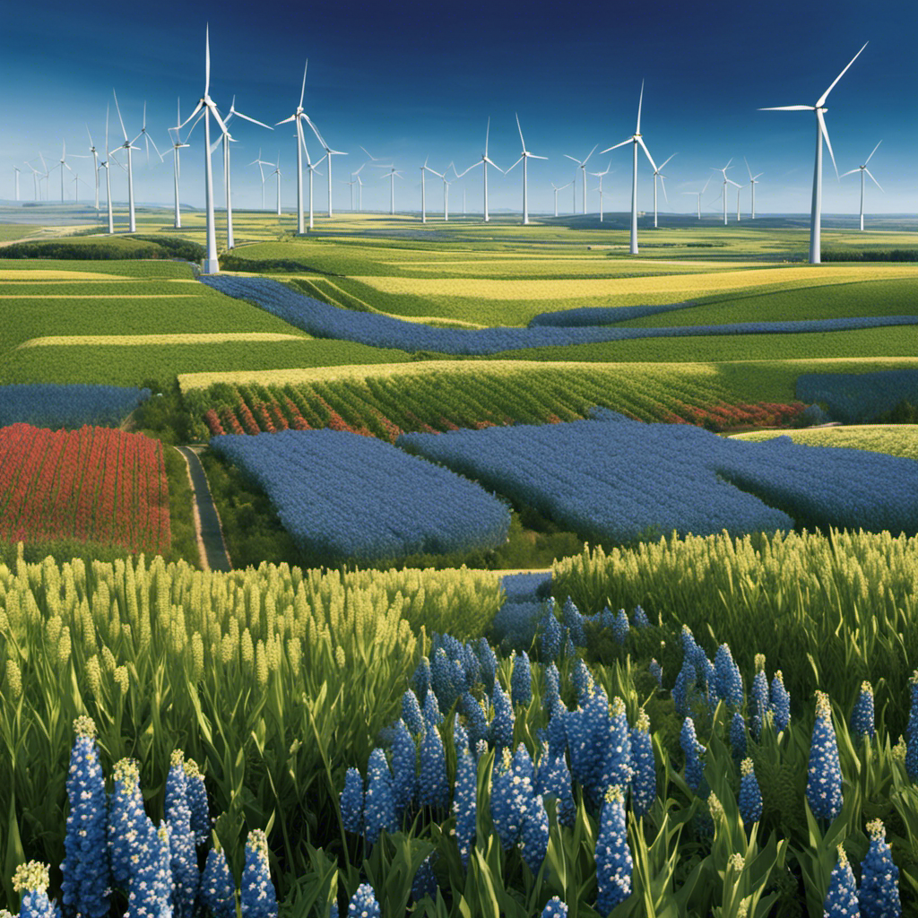 An image showcasing a vast landscape with rows of towering, sleek, and white government-owned windmills rhythmically rotating against a backdrop of blue skies, symbolizing a sustainable and eco-friendly energy solution