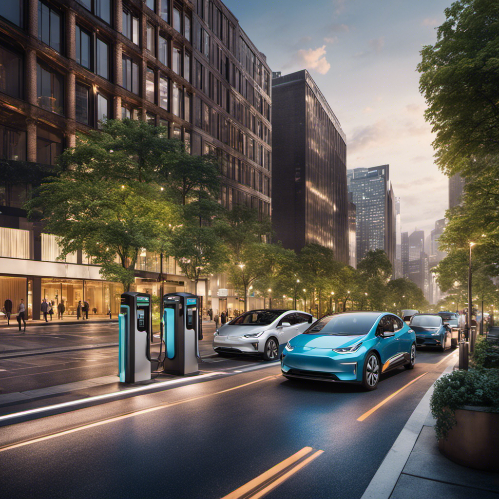 An image showcasing a bustling city street with numerous electric vehicles filling the roads, highlighting the impact of government programs