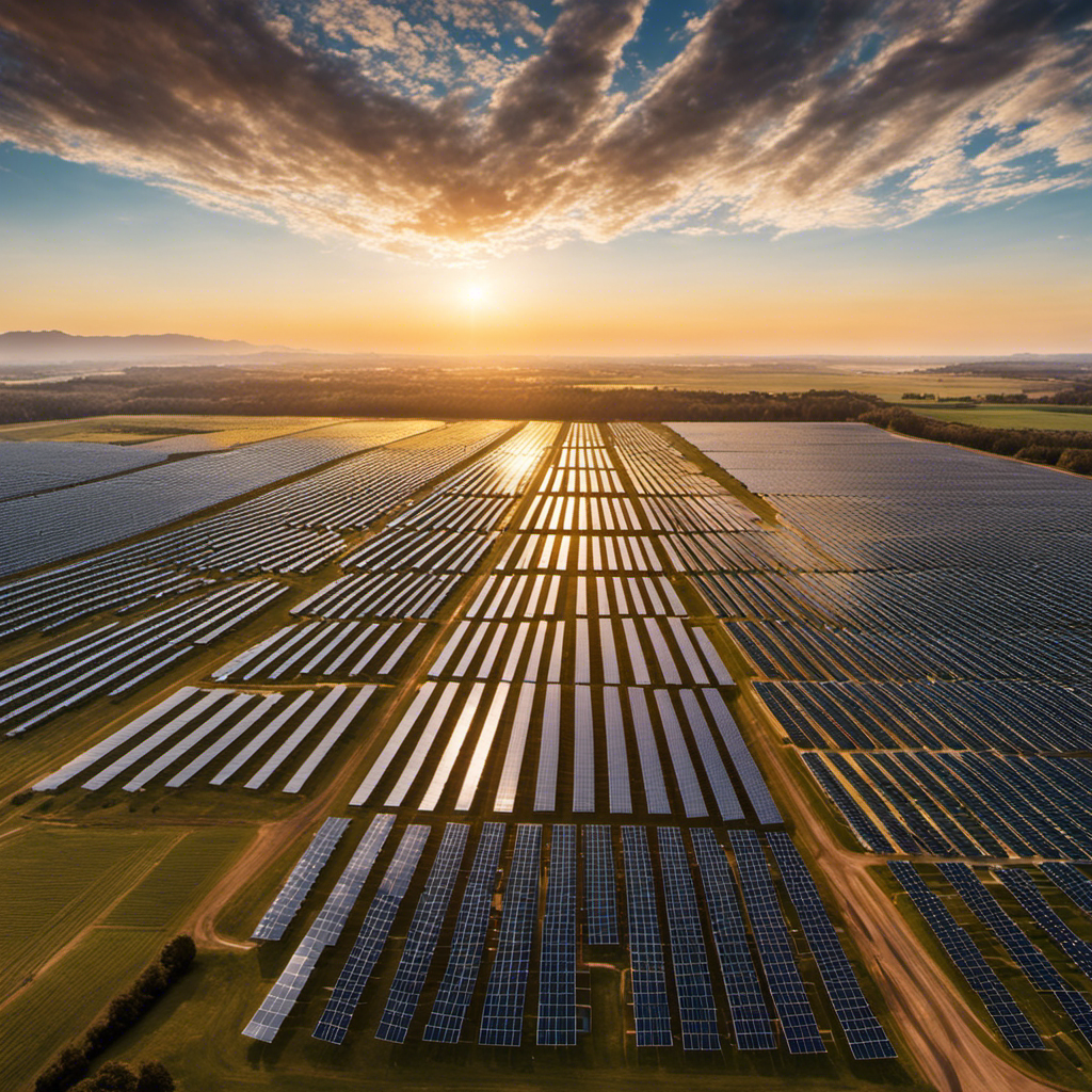An image showcasing a vast solar farm with rows of glistening photovoltaic panels, basking in the golden sunlight