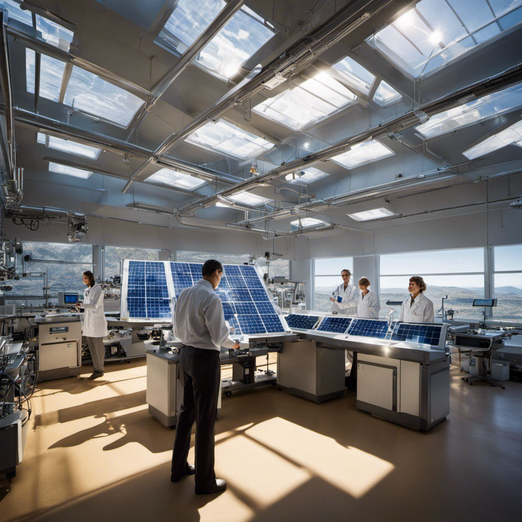 An image showcasing a group of scientists in a state-of-the-art solar research laboratory, immersed in their work