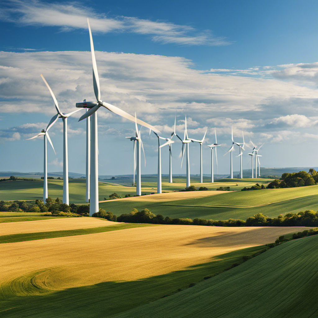 An image showcasing a serene rural landscape with a vast wind farm in the distance