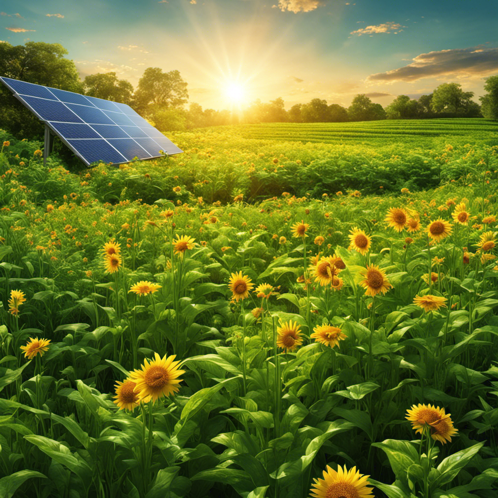 An image showcasing a lush, sun-drenched field with vibrant green plants growing rapidly, capturing the essence of efficient solar energy conversion into abundant biomass