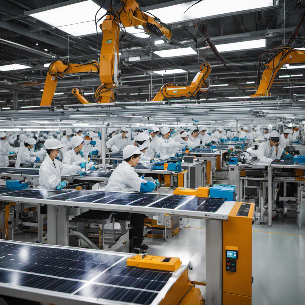 An image showcasing a bustling Chinese solar panel factory, with workers meticulously assembling solar cells, while cutting-edge robotic arms assist them, highlighting China's innovative approach to solving solar energy's fundamental challenges