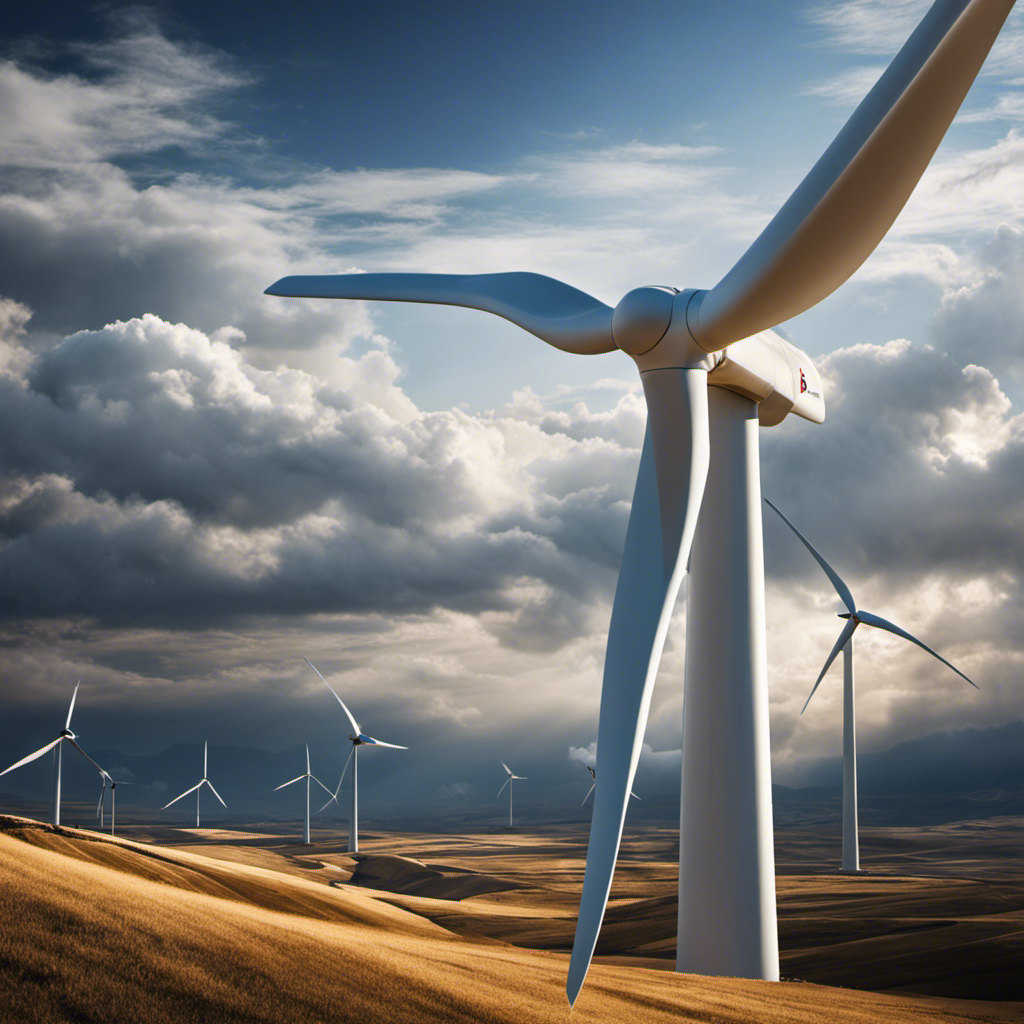 An image showcasing a towering wind turbine standing tall against a vast horizon, its colossal blades gracefully slicing through the air, evoking a sense of awe-inspiring magnitude and clean energy potential