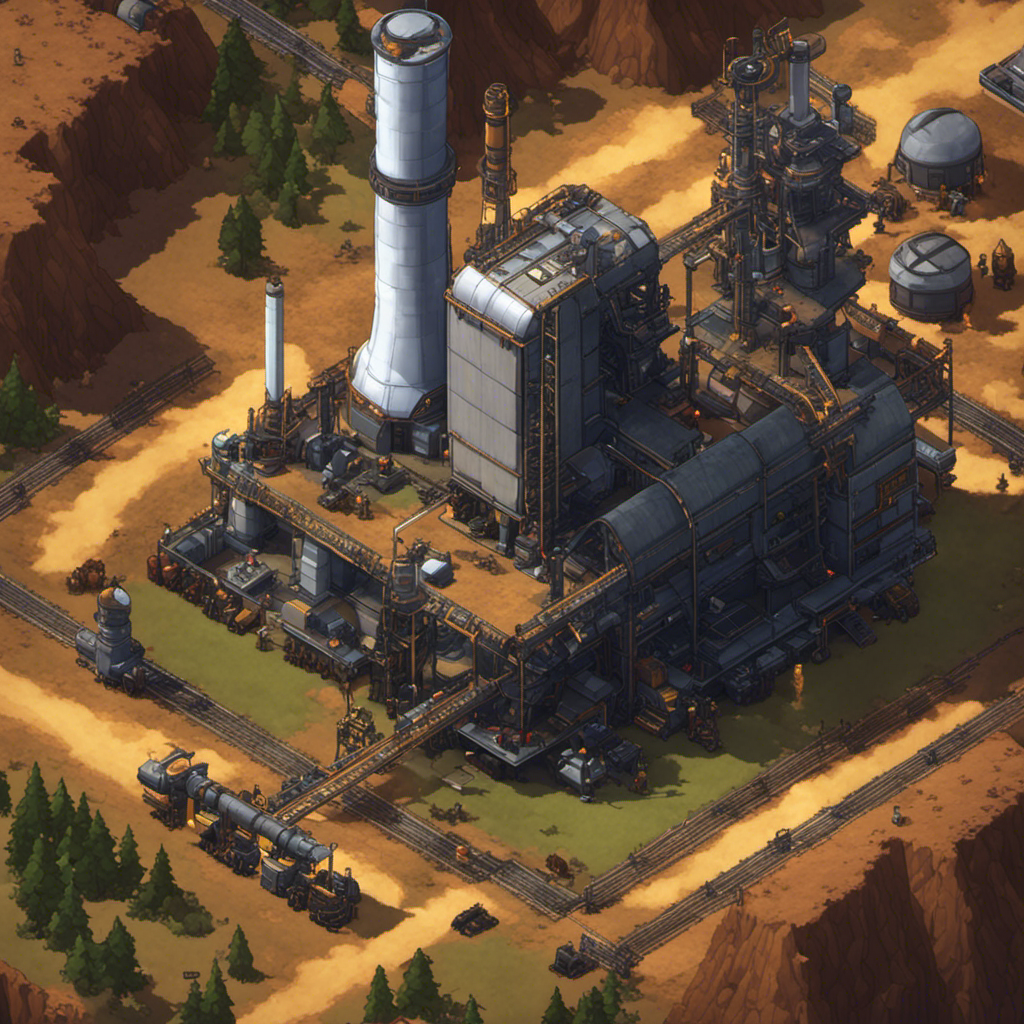 An image that showcases the immense scale of the geothermal energy device in Rimworld, with towering machinery dominating the frame, steam billowing from its intricate piping, and a team of workers dwarfed by its impressive size
