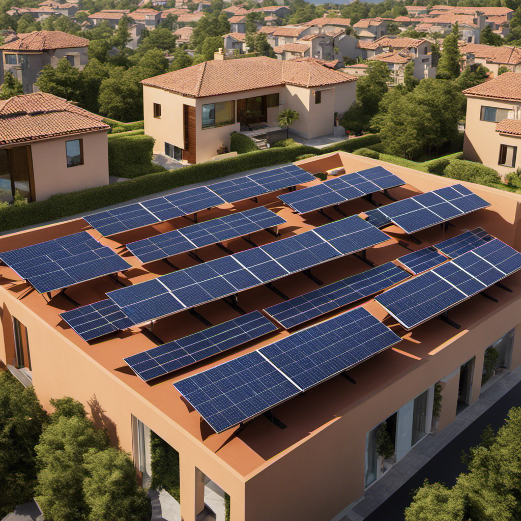 An image showcasing a rooftop adorned with a symmetrical array of solar panels, basking in the sunlight