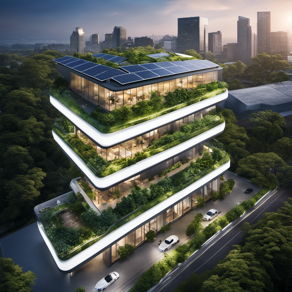 An image showcasing a modern office building enveloped in lush greenery, with solar panels adorning the rooftop, LED lights illuminating the windows, and electric vehicles parked in front, symbolizing how energy efficiency fuels both business growth and environmental sustainability