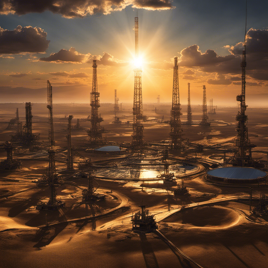 An image depicting a vast landscape with oil rigs piercing the ground, while the sun radiates powerful rays overhead, highlighting the interconnectedness between fossil fuels and solar energy