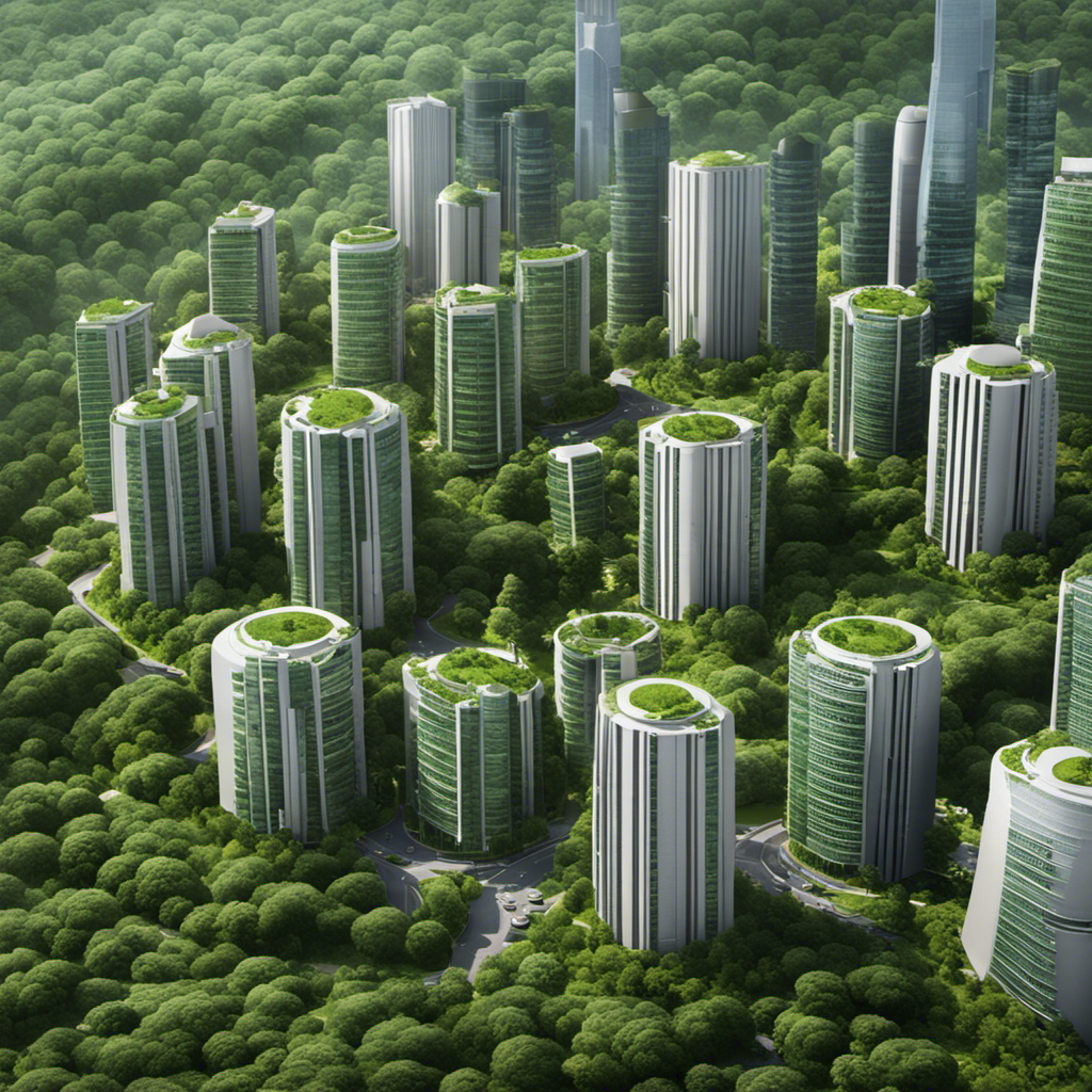 An image showcasing a bustling cityscape with skyscrapers enveloped by lush greenery, while geothermal power plants seamlessly blend in, emitting clean energy