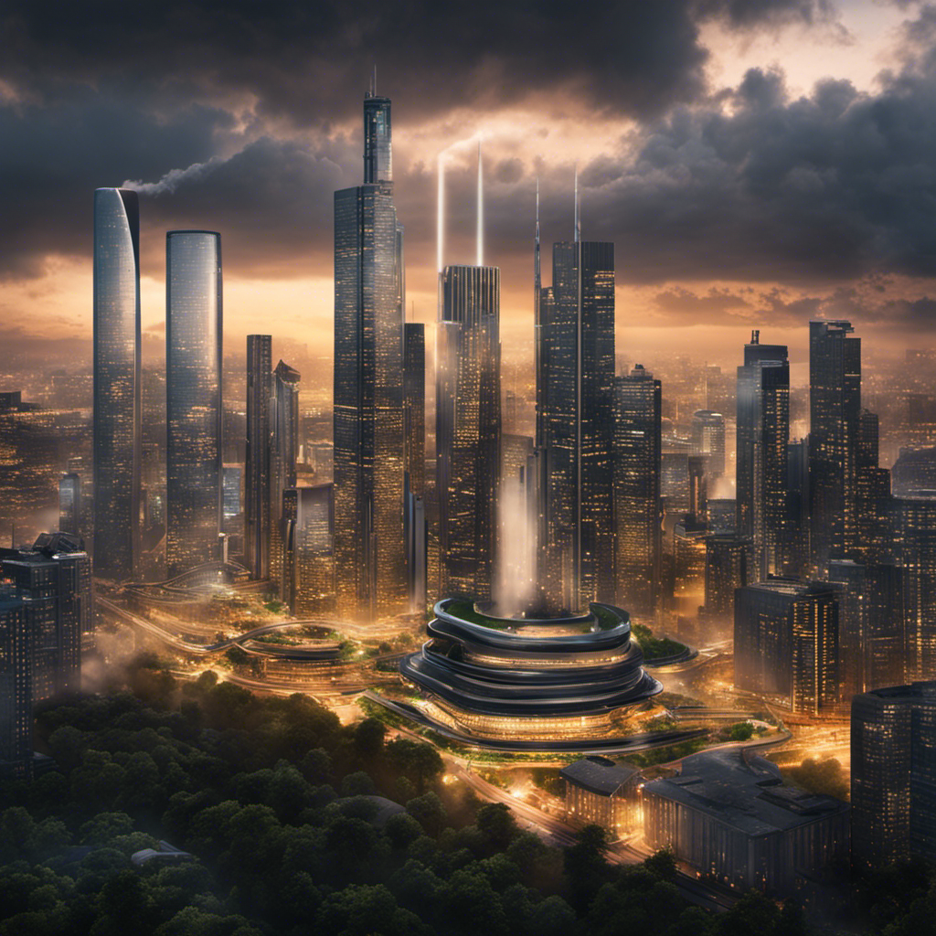 An image showcasing a bustling city skyline with skyscrapers powered by geothermal energy