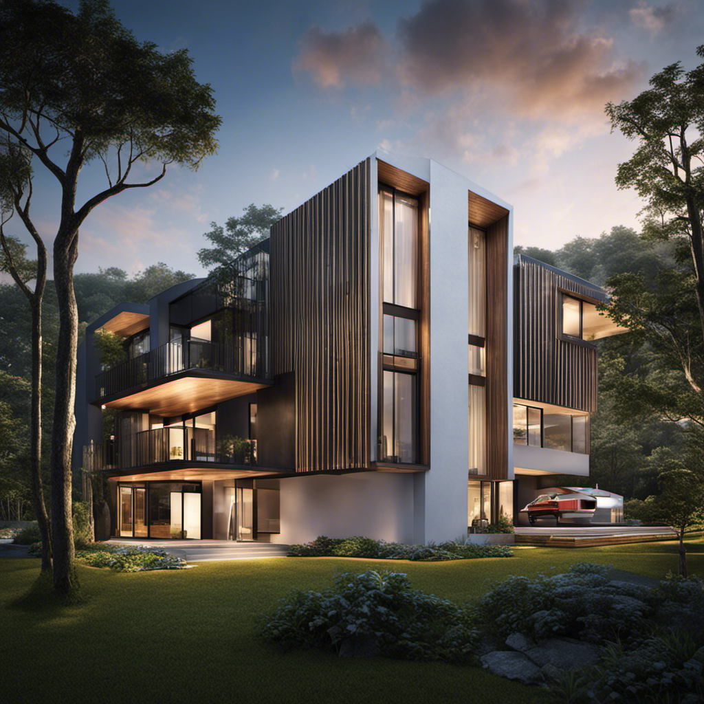 An image showcasing a modern residential building equipped with a geothermal cooling system