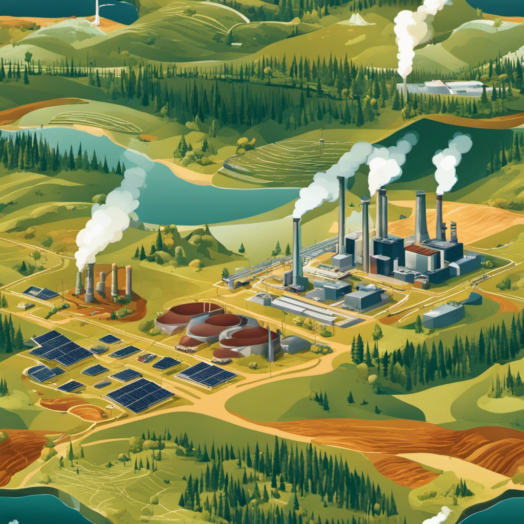 An image showcasing a vast landscape with geothermal power plants seamlessly integrated, emitting clean energy