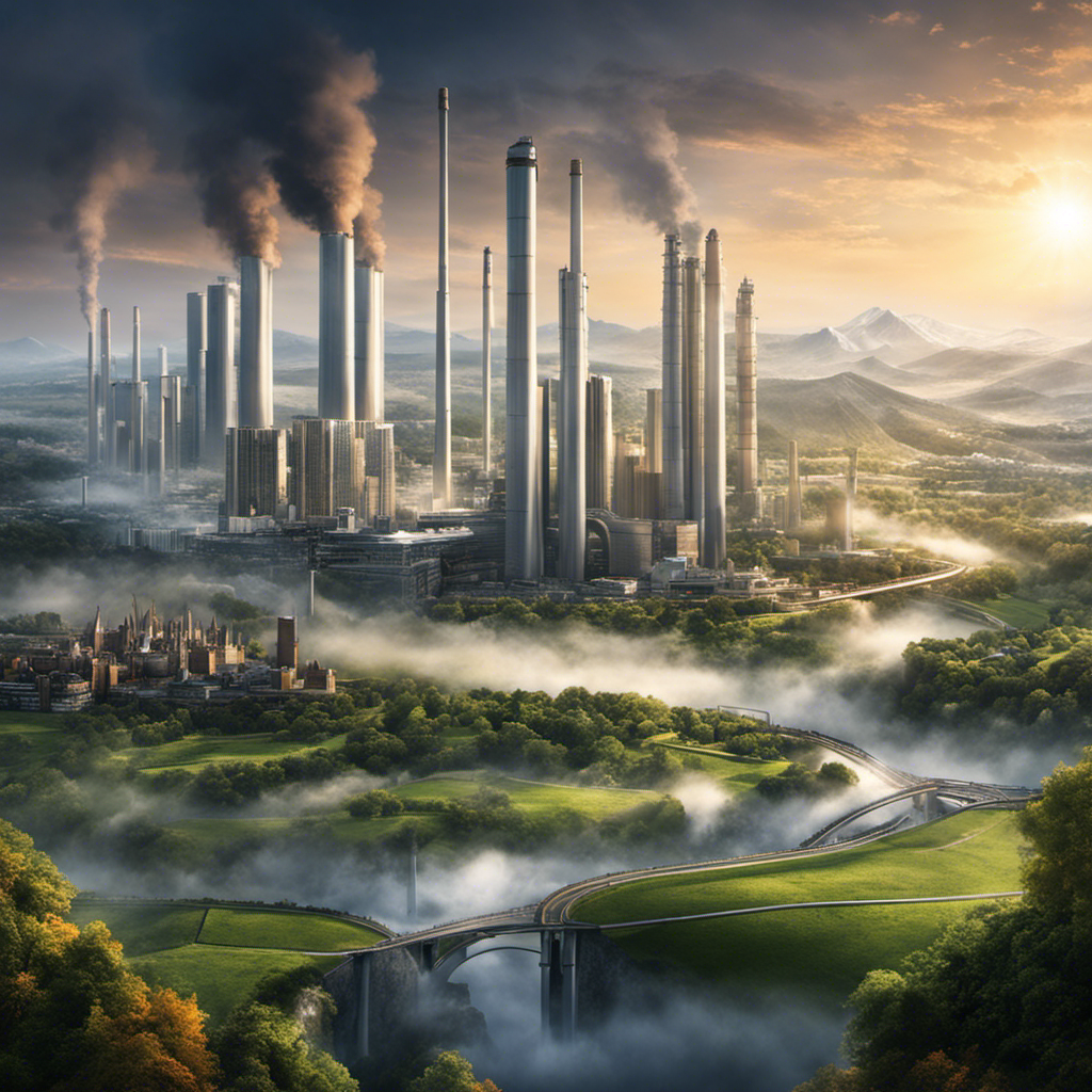 An image showcasing a modern cityscape with tall buildings emitting harmful pollutants, while simultaneously depicting a serene countryside landscape with geothermal power plants, emitting clean energy, providing a contrast between pollution and its solution