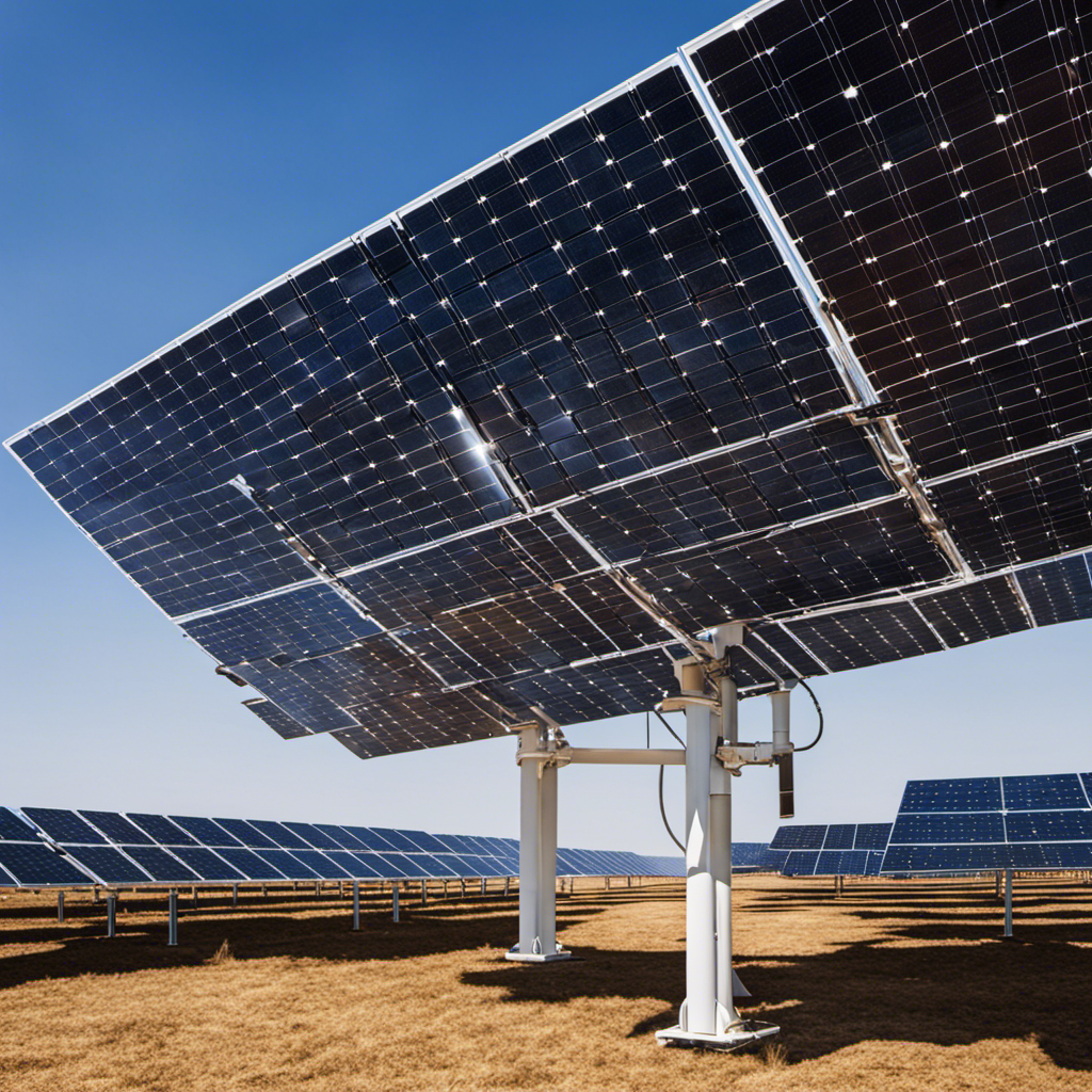A visually stunning image showcasing a large solar panel array set against a clear blue sky, with sunlight directly hitting the panels and producing hydrogen gas through an electrolysis process