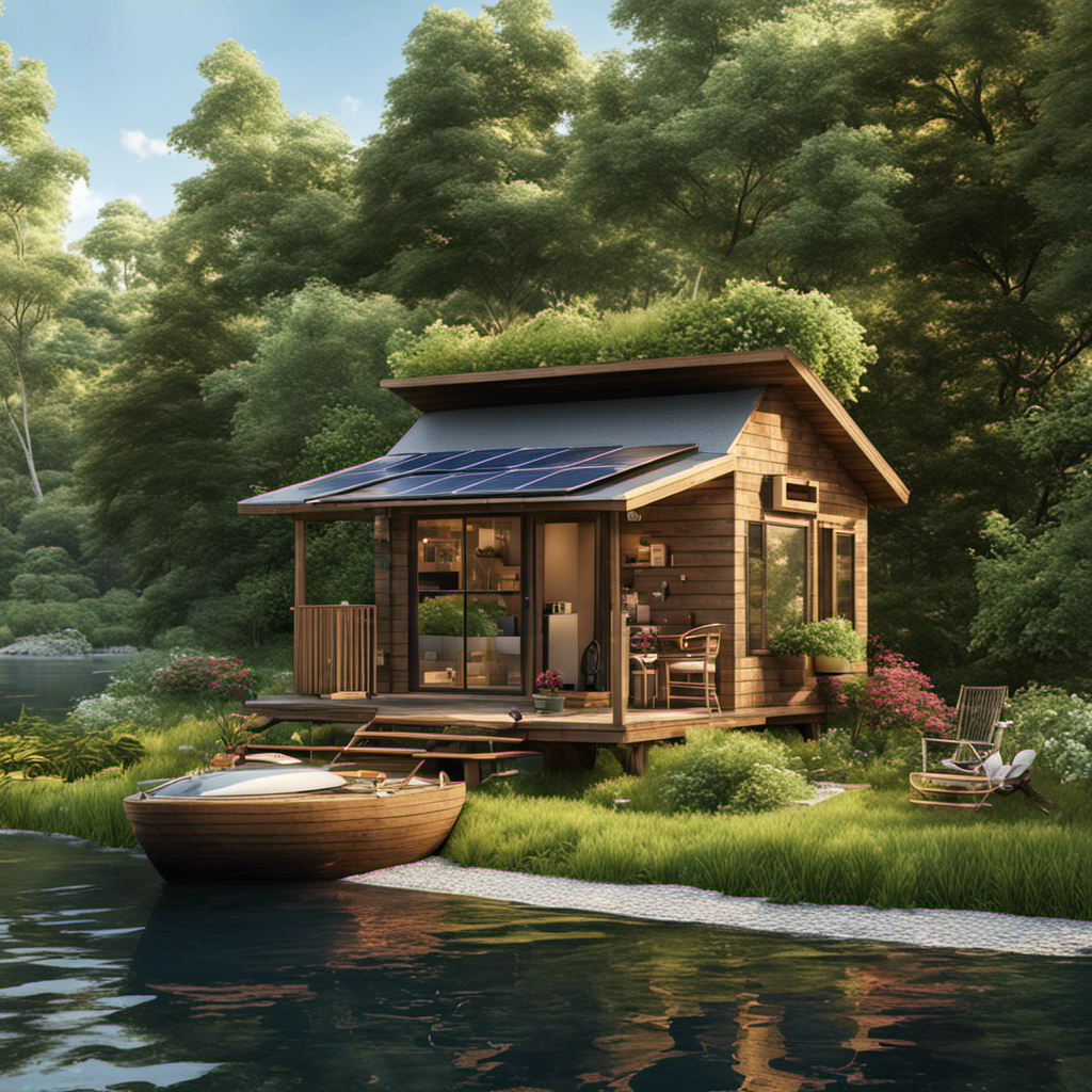 An image showcasing a serene riverside with a small eco-friendly cabin tucked amidst lush greenery, solar panels on the roof, a vegetable garden, compost bins, and a bicycle parked nearby
