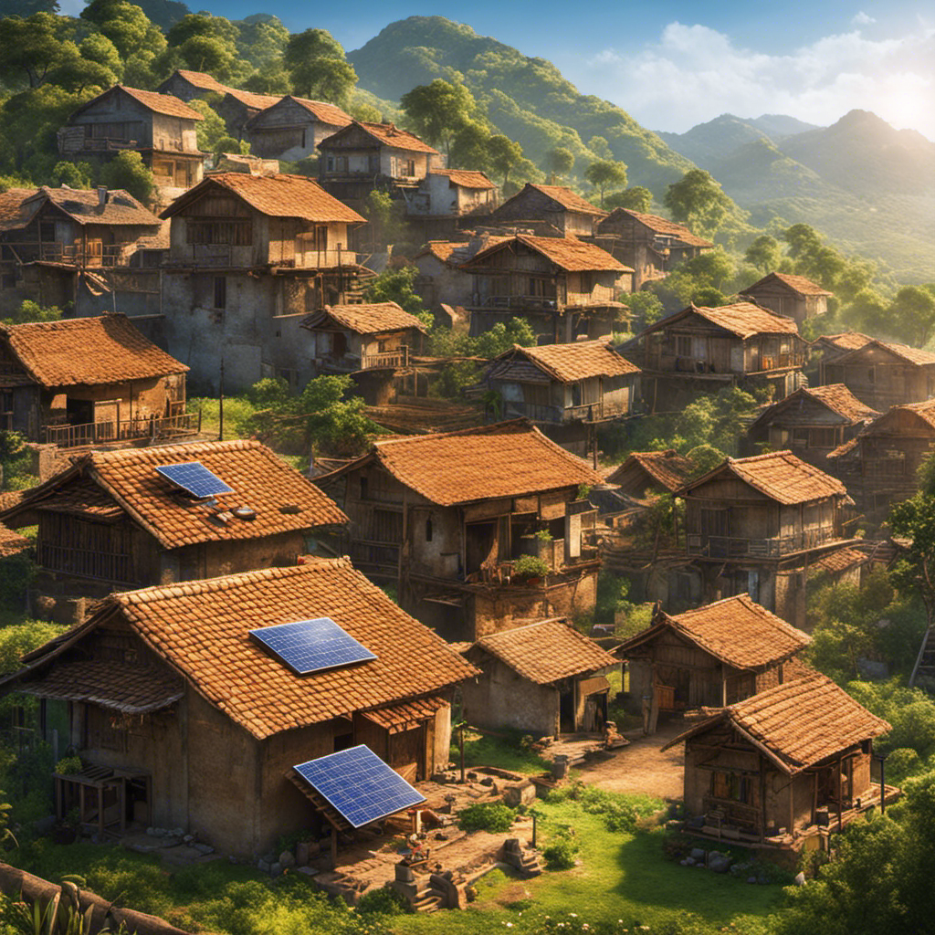 An image showcasing a barren, dilapidated village gradually transforming into a vibrant, thriving community through the use of solar panels on rooftops, generating clean energy, and spreading hope and prosperity