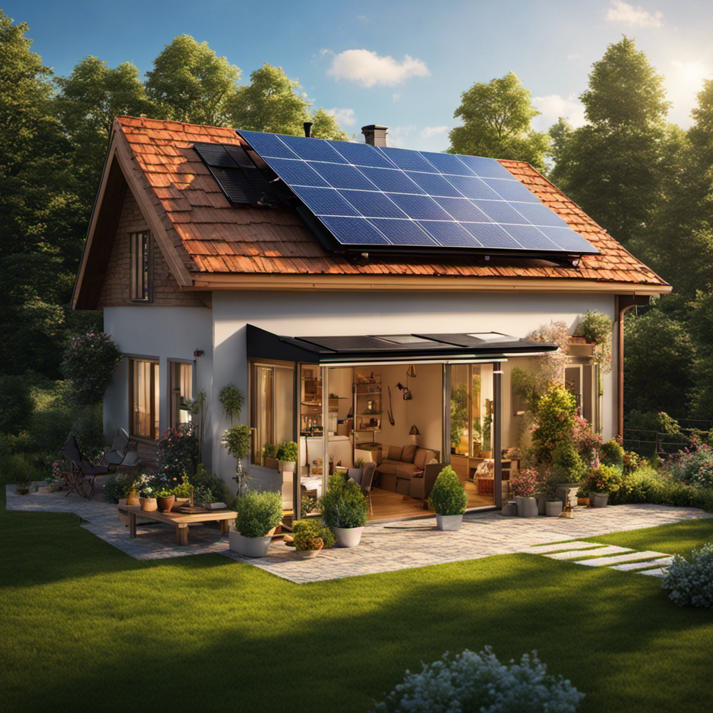 An image showcasing a sunlit backyard with a homemade solar panel mounted on the roof of a cozy cottage