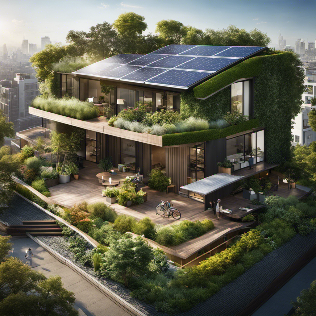 An image featuring a lush green rooftop garden with solar panels, rainwater harvesting system, and a bicycle parked nearby, showcasing how a low-impact lifestyle can combat climate change