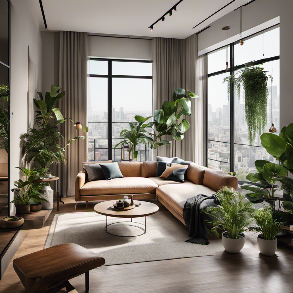 An image showcasing a modern apartment with sleek, sustainable furniture, surrounded by lush indoor plants, natural light streaming through large windows, and a minimalist, clutter-free living space