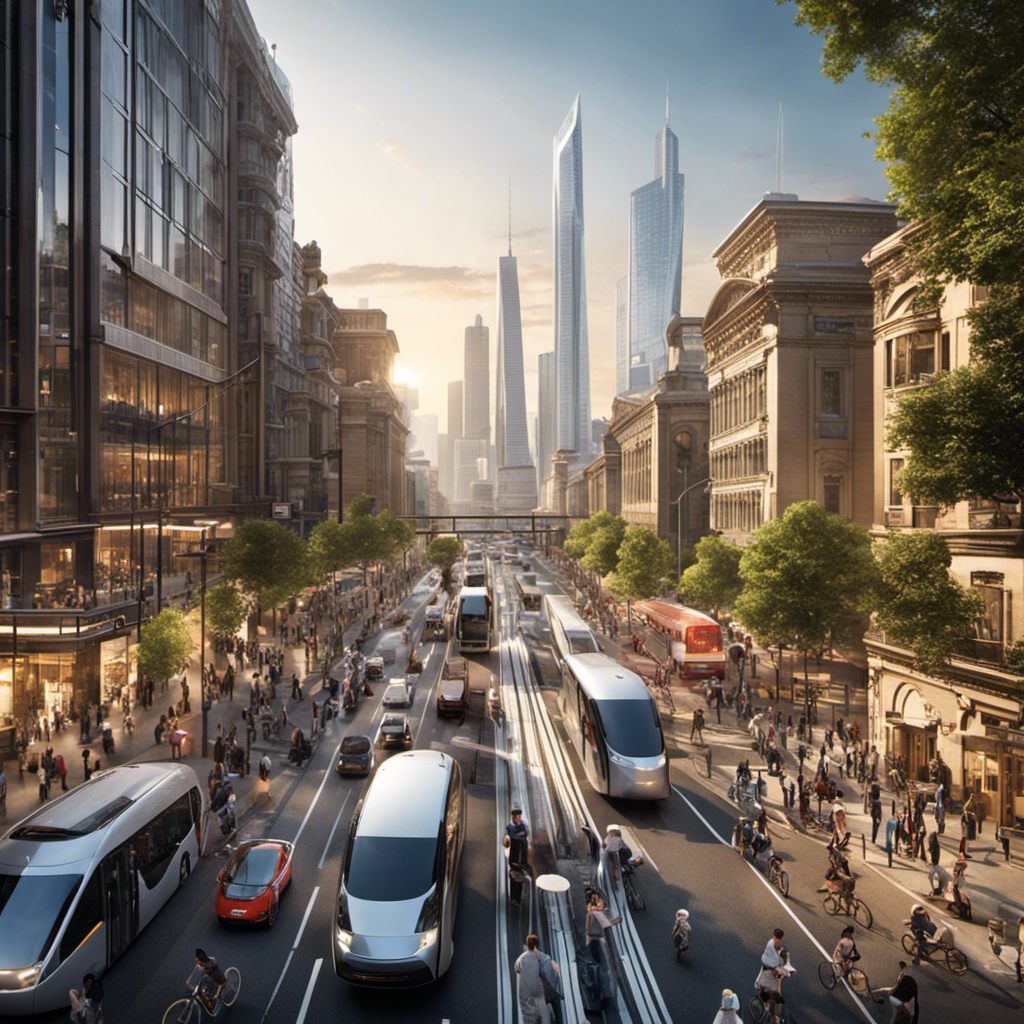 An image depicting a bustling cityscape with a diverse array of transportation modes, including electric cars, bicycles, trams, and pedestrians