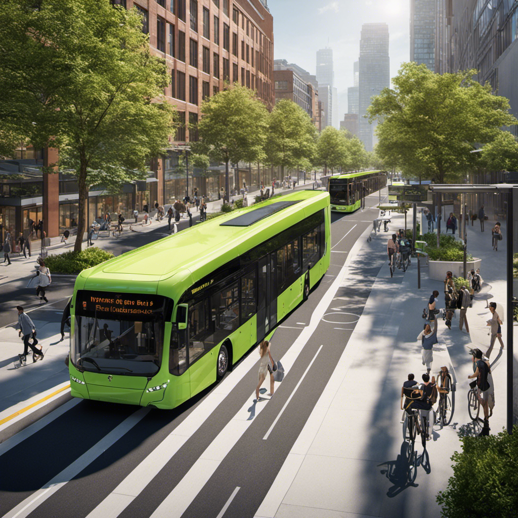 An image showcasing a bustling multi-modal transit corridor with electric buses, cyclists, and pedestrians seamlessly moving together