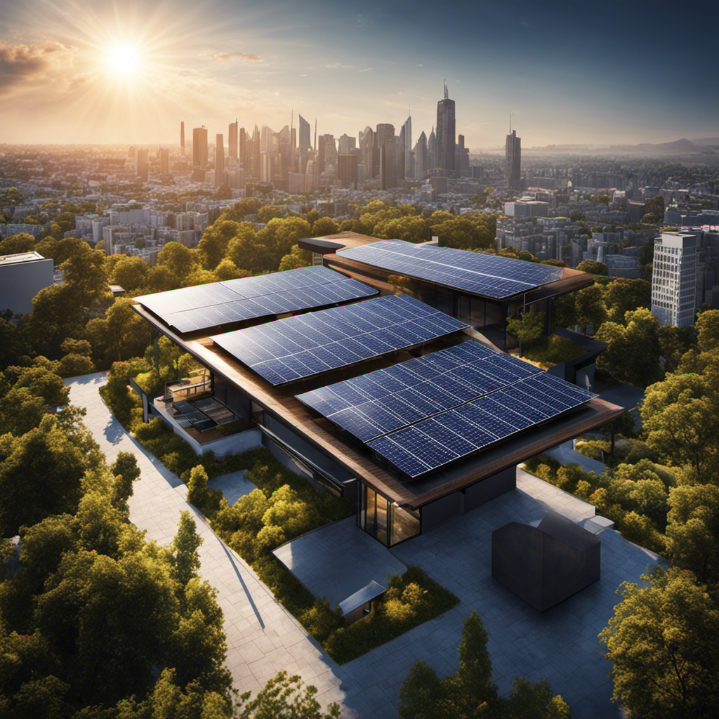An image showcasing a rooftop covered in sleek, dark solar panels, glistening under the vibrant rays of the sun