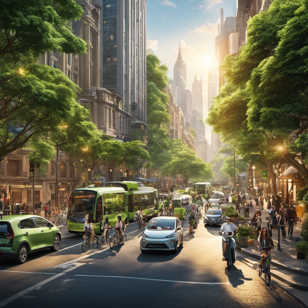 An image showcasing a bustling city street scene with a diverse array of eco-friendly transportation modes like bicycles, electric scooters, and electric cars, surrounded by lush greenery, highlighting the positive impact on the environment