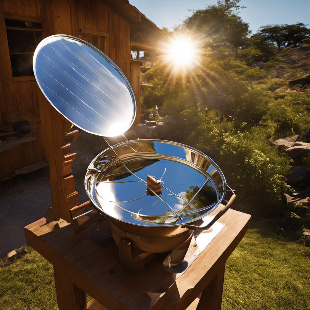An image showcasing a solar cooker in action, with sunlight being focused onto a pot of boiling water