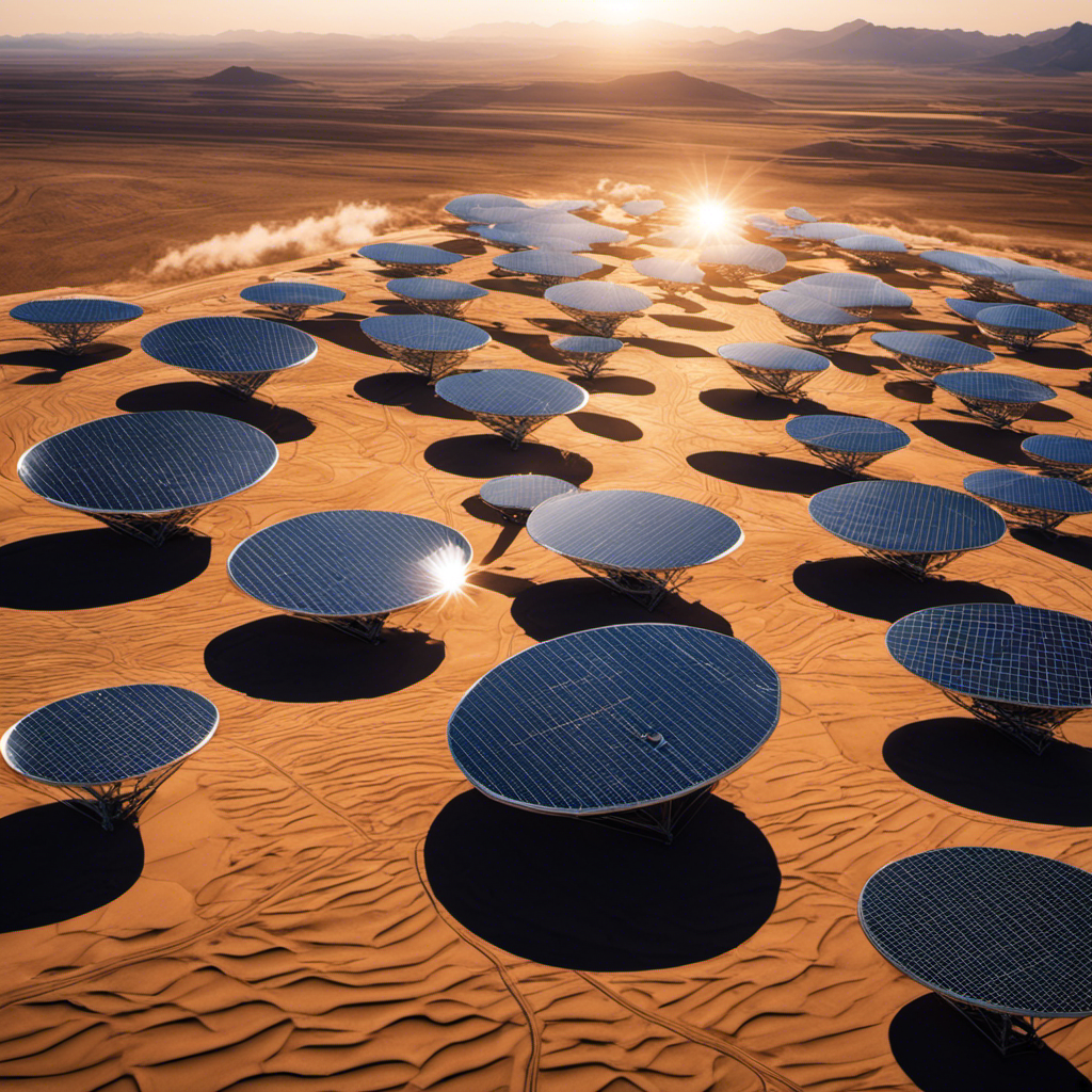 An image showcasing a vast solar farm with rows of parabolic mirrors reflecting sunlight onto a central tower