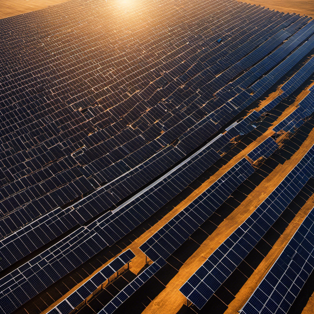 An image showcasing a vast expanse of solar panels neatly arranged in precise rows on a sunny plain, generating clean electricity on a large scale for an entire community