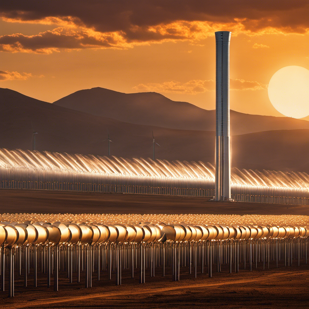 An image that showcases a solar thermal power plant, with rows of parabolic troughs reflecting sunlight onto a central tower