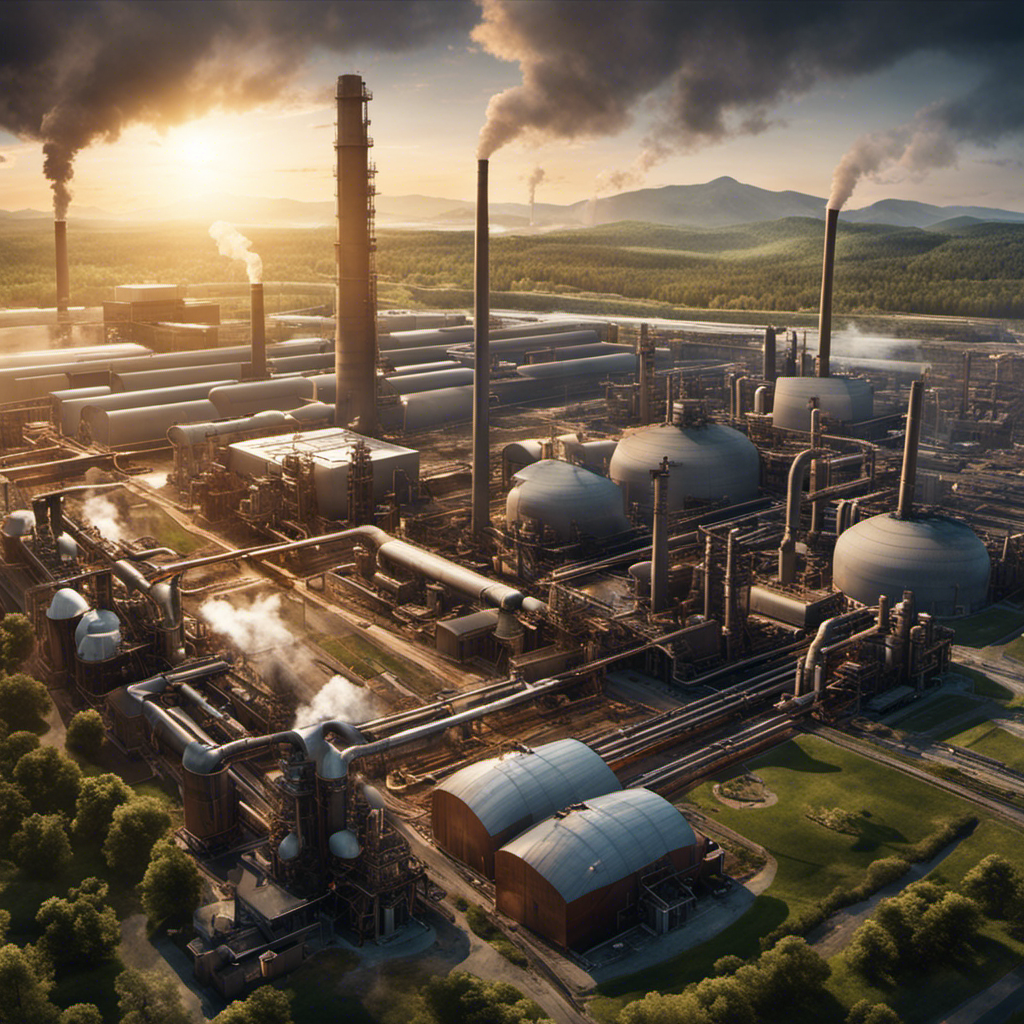 An image showing a sprawling industrial complex with smokestacks, where geothermal energy is harnessed through underground pipes, transferring heat to power machines and reducing carbon emissions