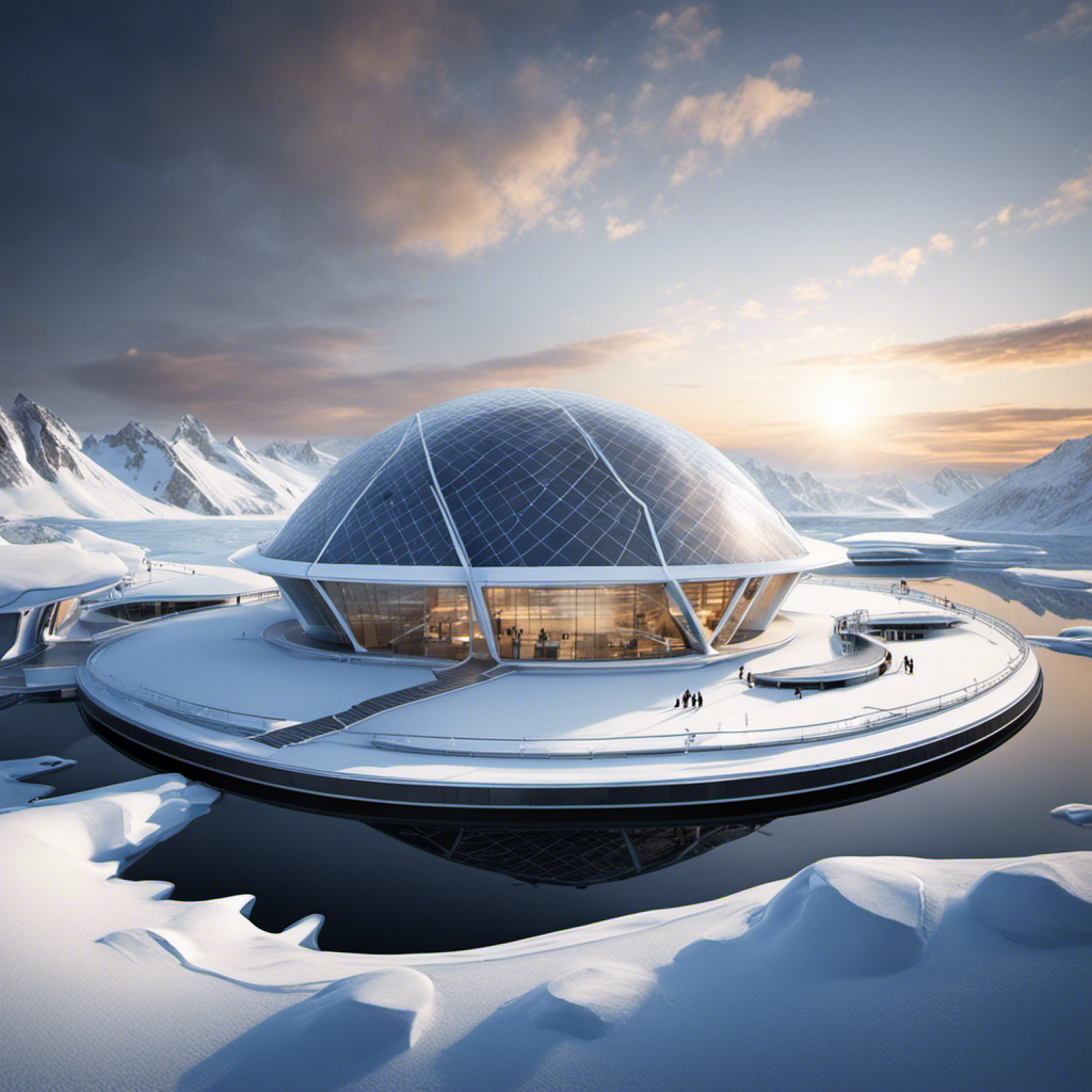An image depicting a futuristic polar research station with innovative solar panels integrated into the architecture