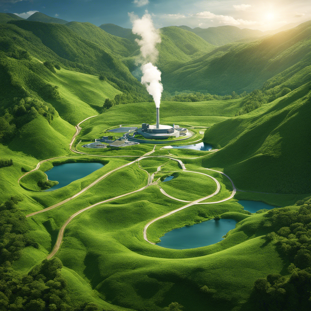An image showcasing a beautiful, verdant landscape with a geothermal power plant nestled within it