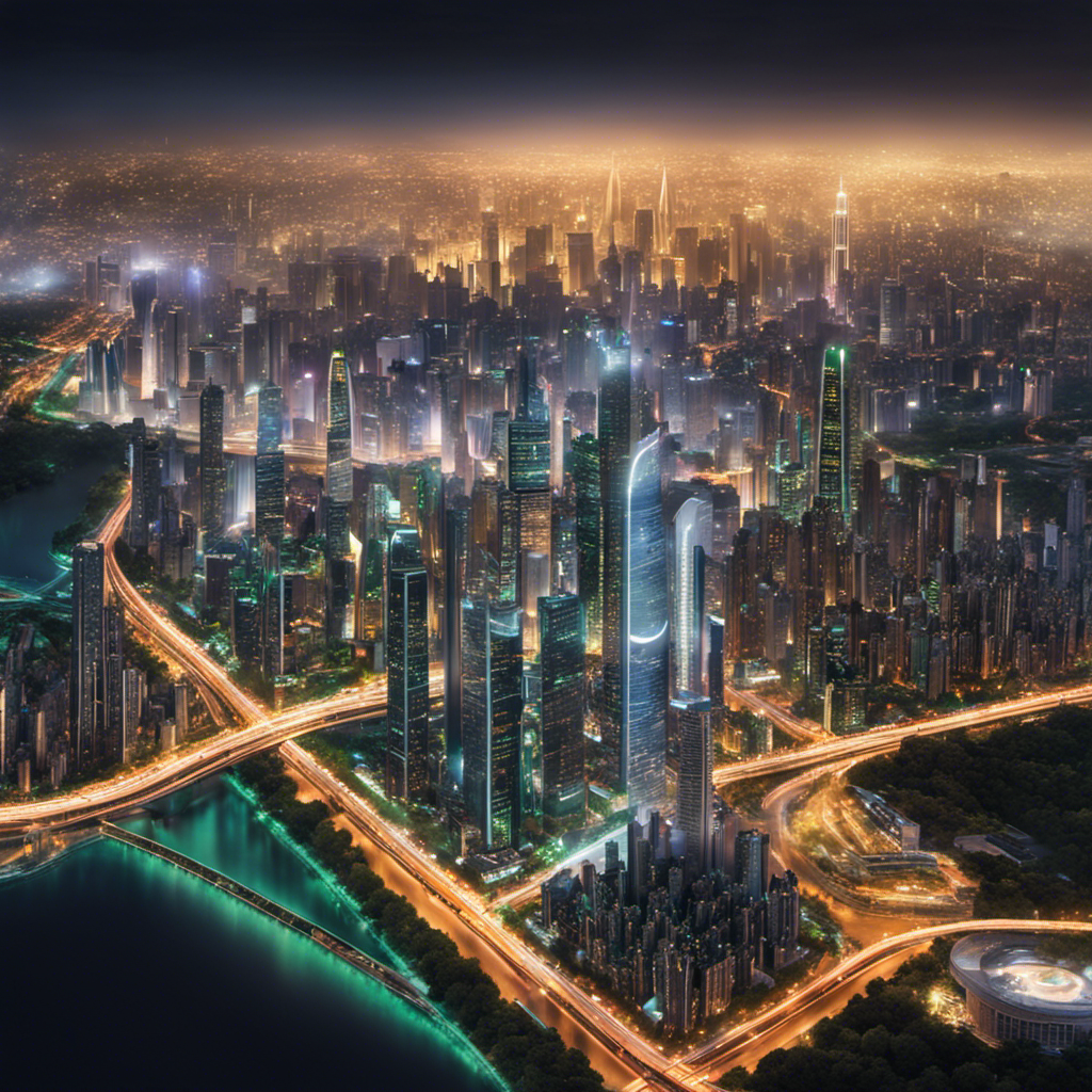 An image showcasing a bustling metropolis at night, where buildings are adorned with vibrant, energy-efficient LED lights