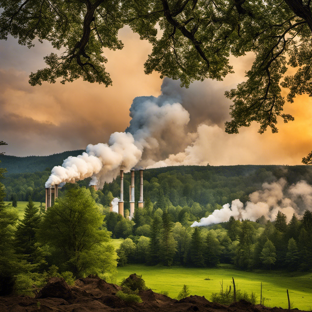 An image showing a geothermal power plant emitting large amounts of steam and smoke into the atmosphere, with surrounding trees and plants wilting due to the excessive heat, portraying the potential environmental consequences of geothermal energy
