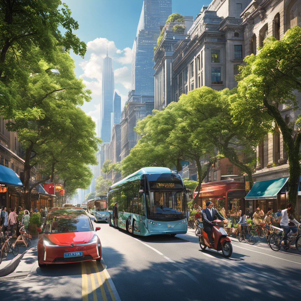 An image of a bustling city street during rush hour, with vibrant greenery lining the sidewalks
