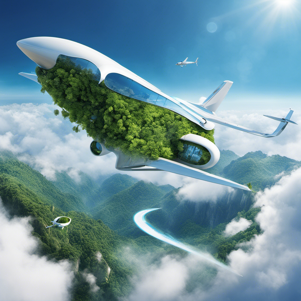 An image showcasing a futuristic airplane effortlessly gliding through clear blue skies, powered by renewable energy sources, surrounded by lush greenery, illustrating the possibilities and solutions for sustainable aviation