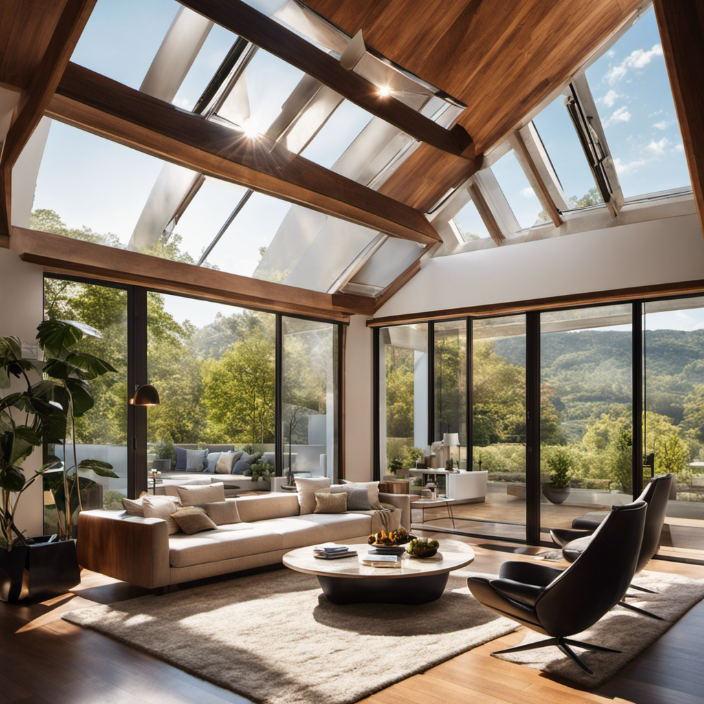 An image showcasing a cozy living room bathed in natural sunlight filtering through solar-powered skylights, while solar panels adorn the rooftop, harnessing the sun's energy to power the entire household