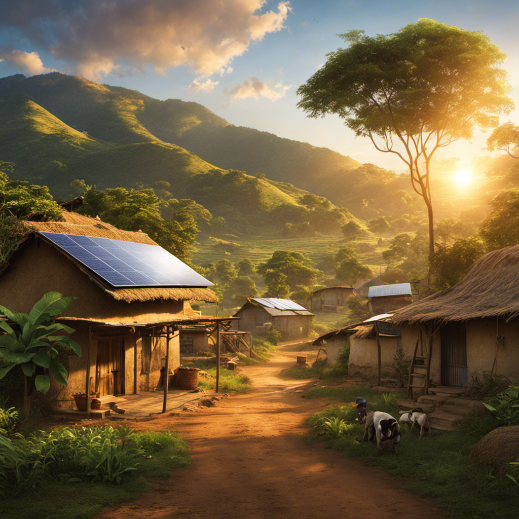 An image showcasing a remote village in a developing country, bathed in soft golden sunlight