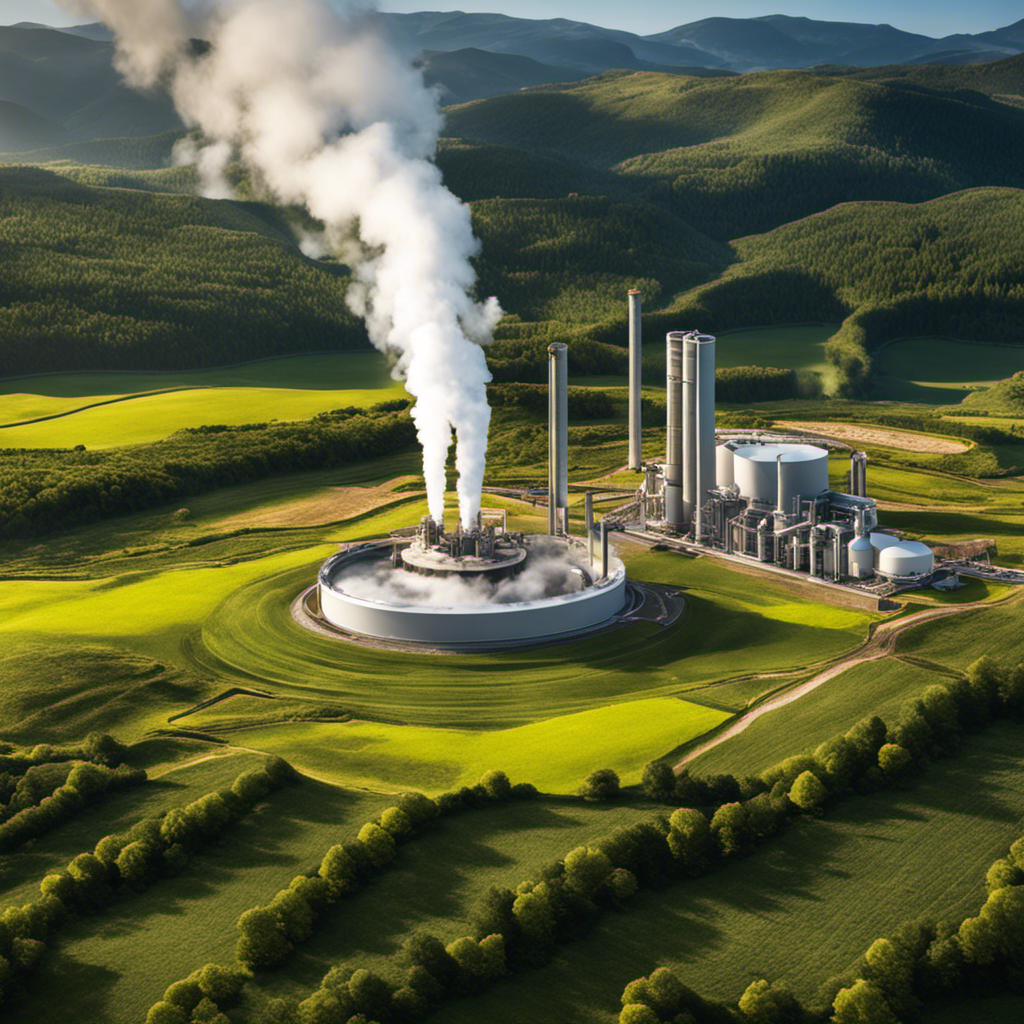 An image showcasing a vast landscape with multiple geothermal power plants seamlessly integrated