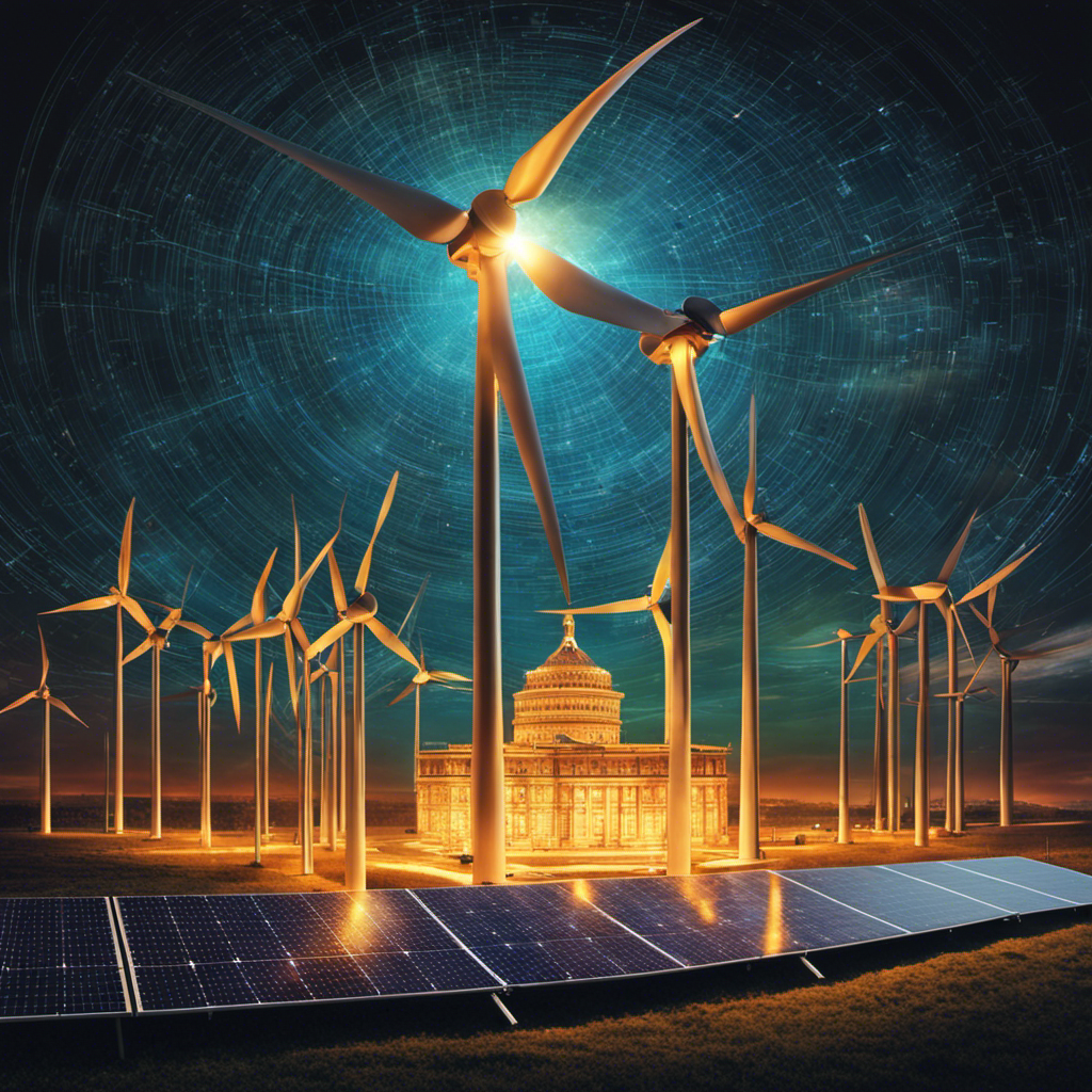 An image depicting a vibrant solar panel and a graceful wind turbine, interconnected with a network of intricate, glowing lithium ion batteries