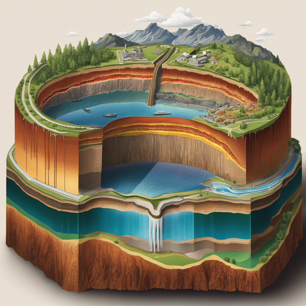 An image showcasing a cross-section of the Earth's layers, with a geothermal energy plant depicted at the deepest level