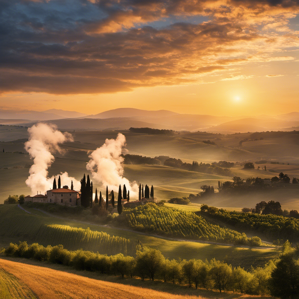 An image showcasing the picturesque Tuscan landscape at sunset