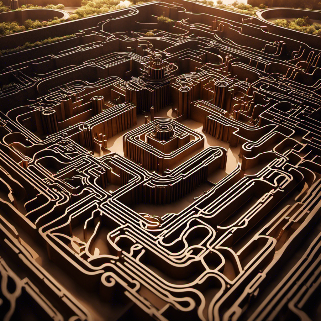 An image showcasing a complex maze-like structure, composed of intricate pipes and machinery, surrounded by layers of earth
