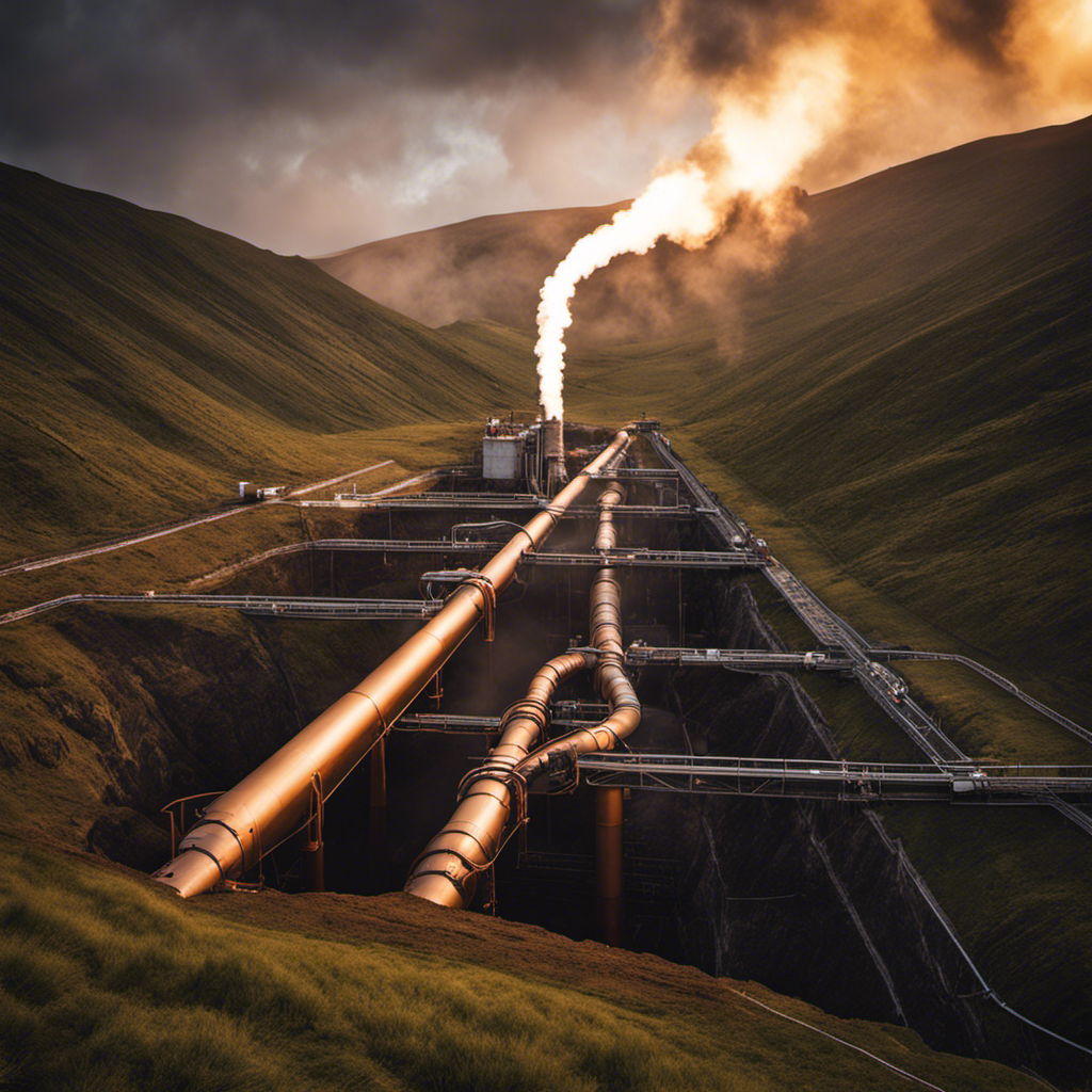 An image capturing the intricate system of underground pipes connecting geothermal power plants to deep reservoirs of steam, revealing the process of harnessing and containing geothermal energy