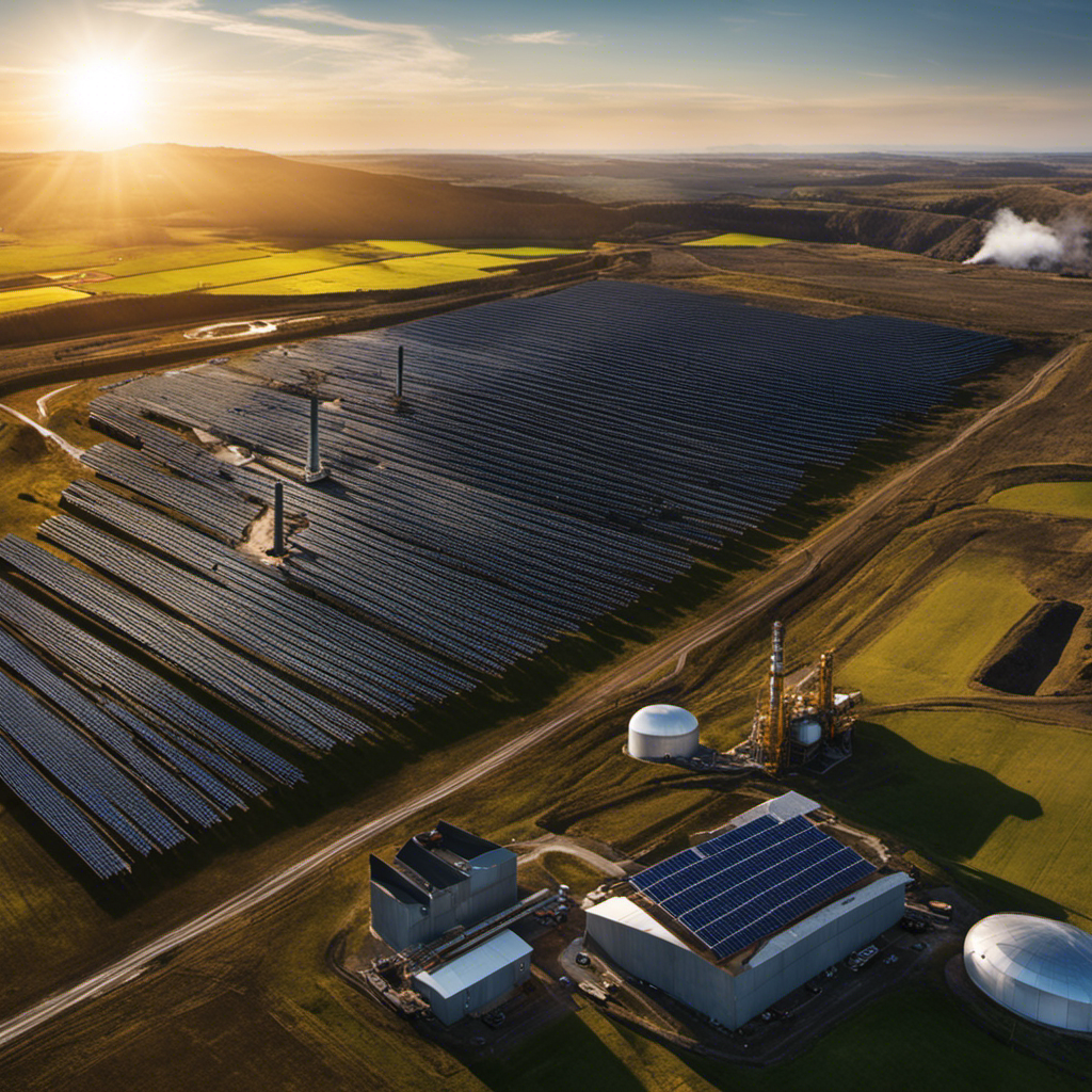 An image showcasing two contrasting landscapes side by side: a vibrant solar energy farm basking in the sun's rays, and a dimly lit underground coal mine