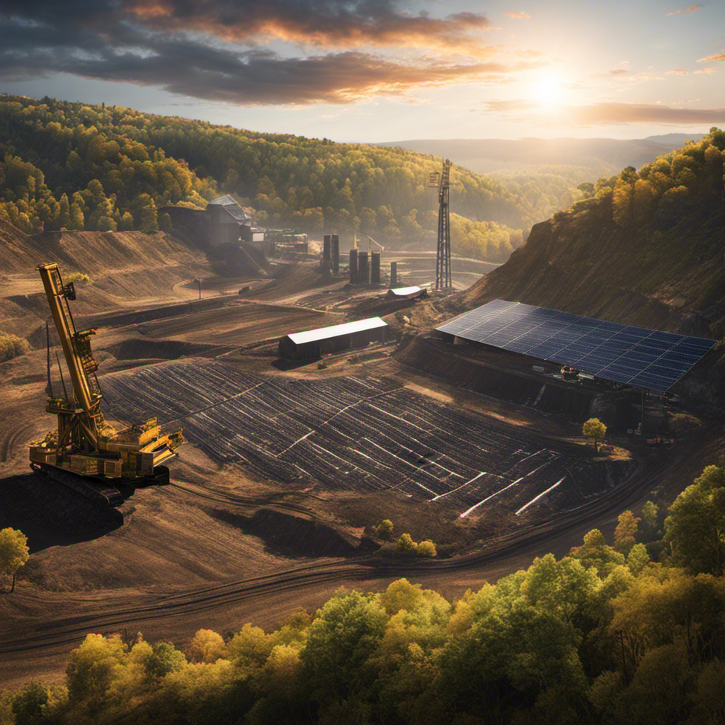 An image showcasing two contrasting landscapes side by side: a coal mine bustling with miners and heavy machinery, juxtaposed with a serene solar energy farm bathed in sunlight