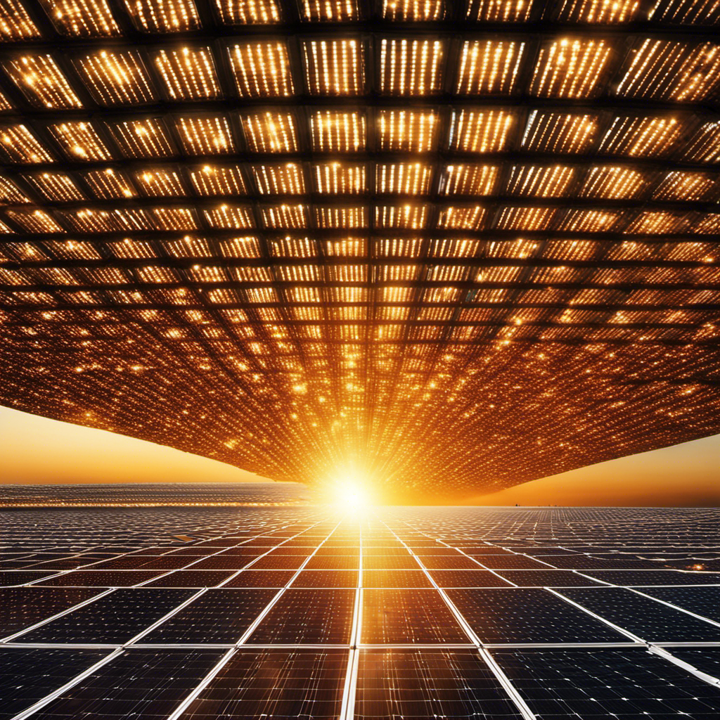 An image showcasing a vast array of glistening solar panels, neatly arranged in a sunlit field, harnessing the sun's radiant energy